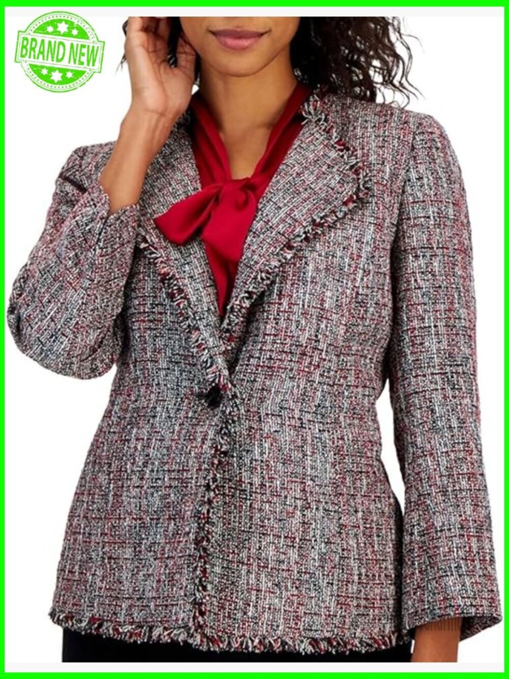 Tweed One Button Wing Lapel Blazer with Fringe, 3/4 Sleeve, Women's Size